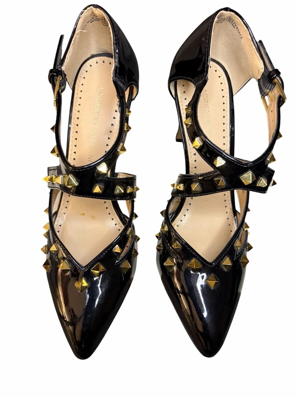 Adrienne Vittadini Black Patent Pointed-Toe Studded Strappy Heels size 6